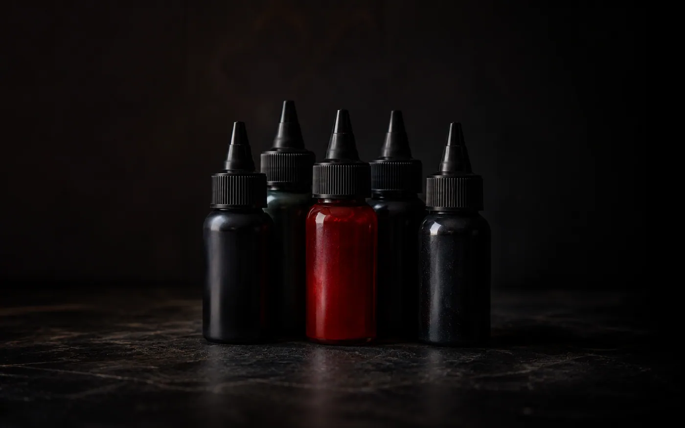 Frascos de tinta de tatuagem sobre fundo escuro, com um vermelho ao centro