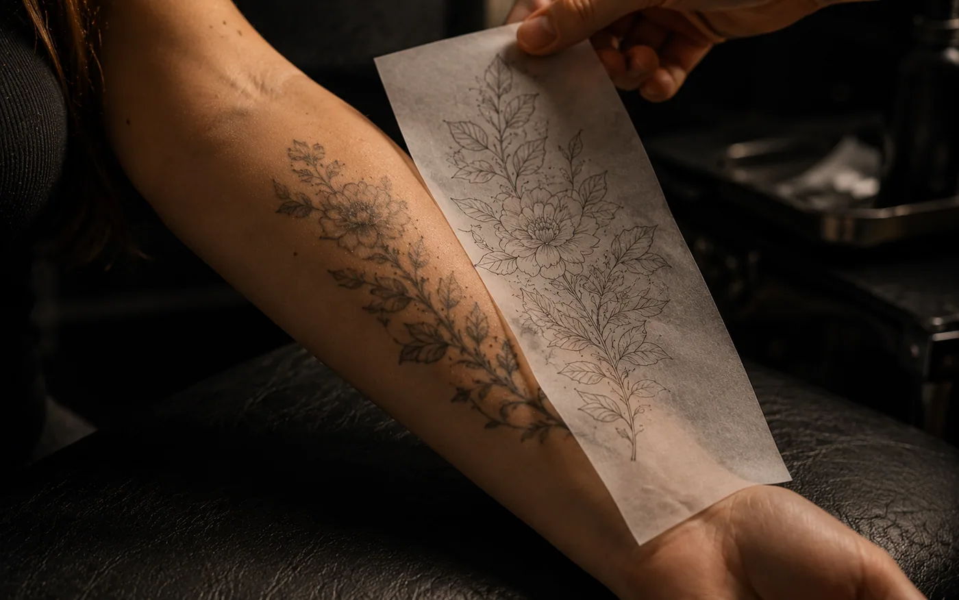 Papel vegetal com desenho novo sendo posicionado sobre braço já tatuado, na avaliação de cobertura