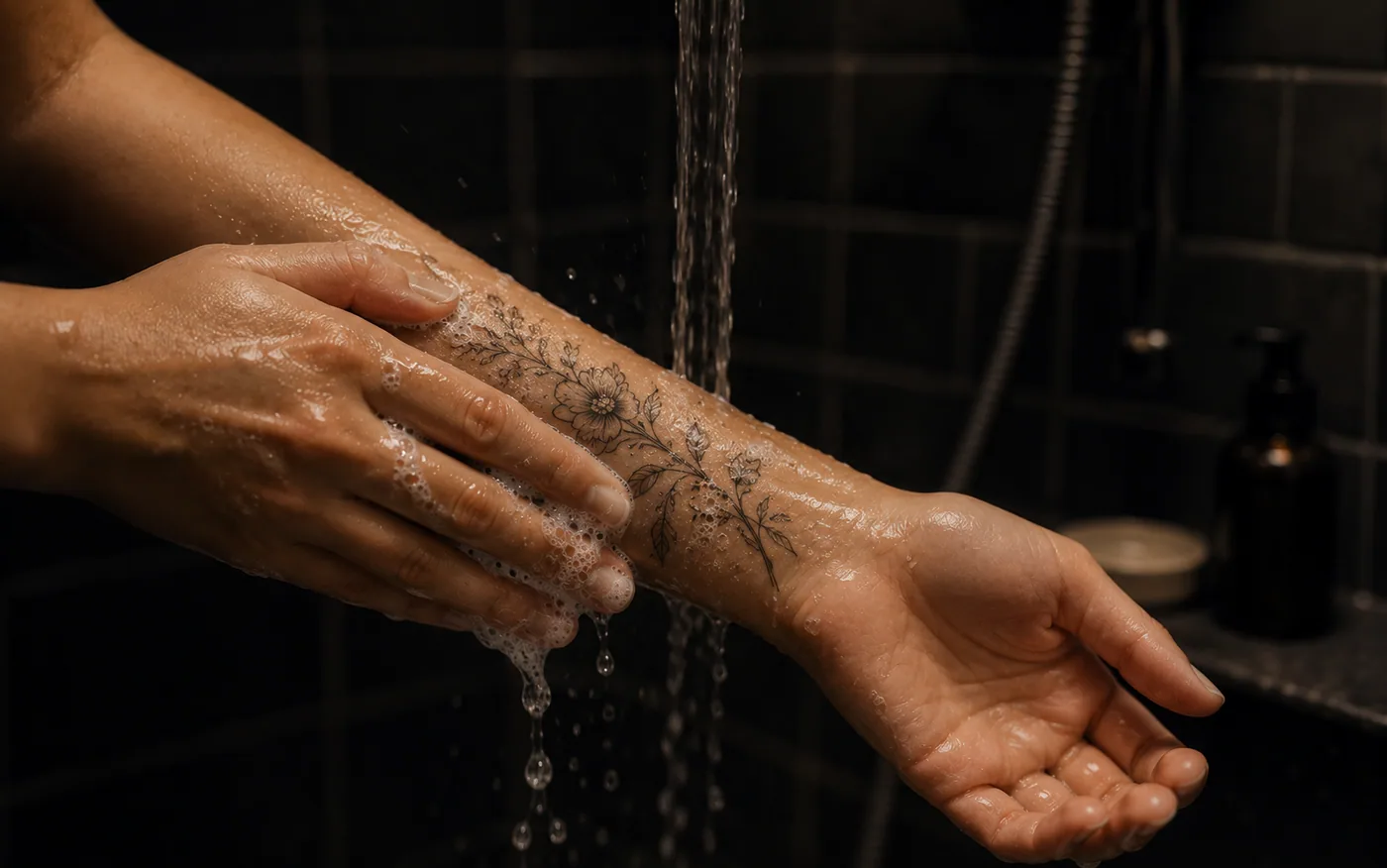 Antebraço com tatuagem floral sendo lavado com sabonete e água corrente, em movimento suave