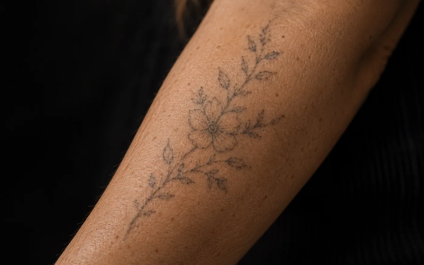 Antebraço com tatuagem floral em traço fino já assentada, mostrando a textura real da pele