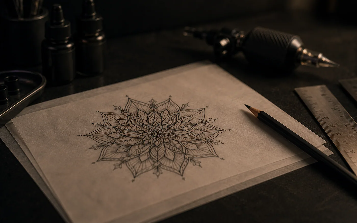 Mandala desenhada em papel vegetal sobre a bancada, com régua, lápis e máquina de tatuagem