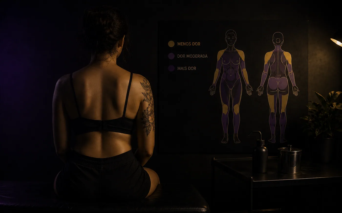 Mulher sentada na maca do estúdio diante de um mapa corporal que indica as regiões mais e menos sensíveis