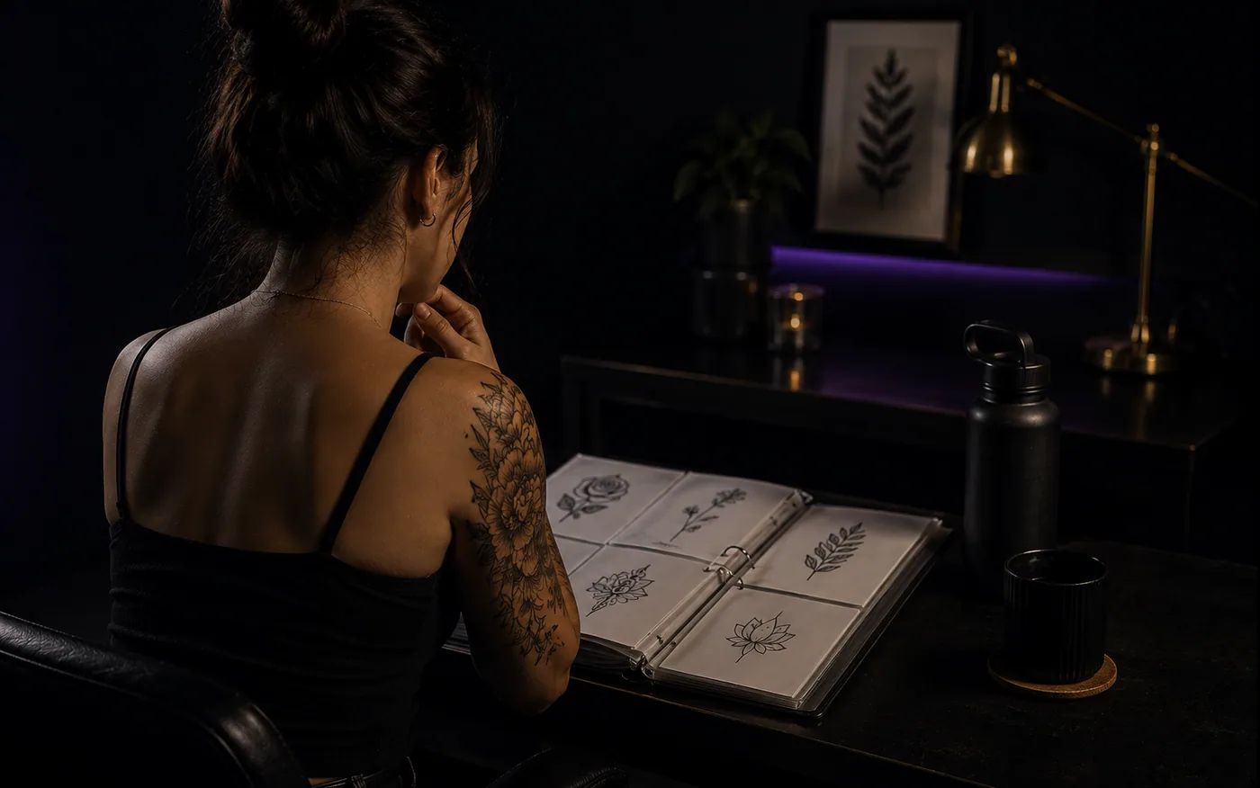 Mulher folheando um álbum de desenhos em traço fino no estúdio, escolhendo a primeira tatuagem
