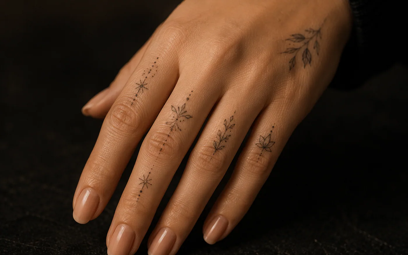 Mão feminina com tatuagens delicadas nos dedos e no dorso, região onde o traço fino falha mais