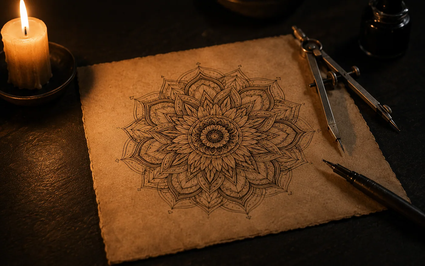 Mandala em nanquim sobre papel envelhecido, com compasso e caneta técnica, à luz de vela