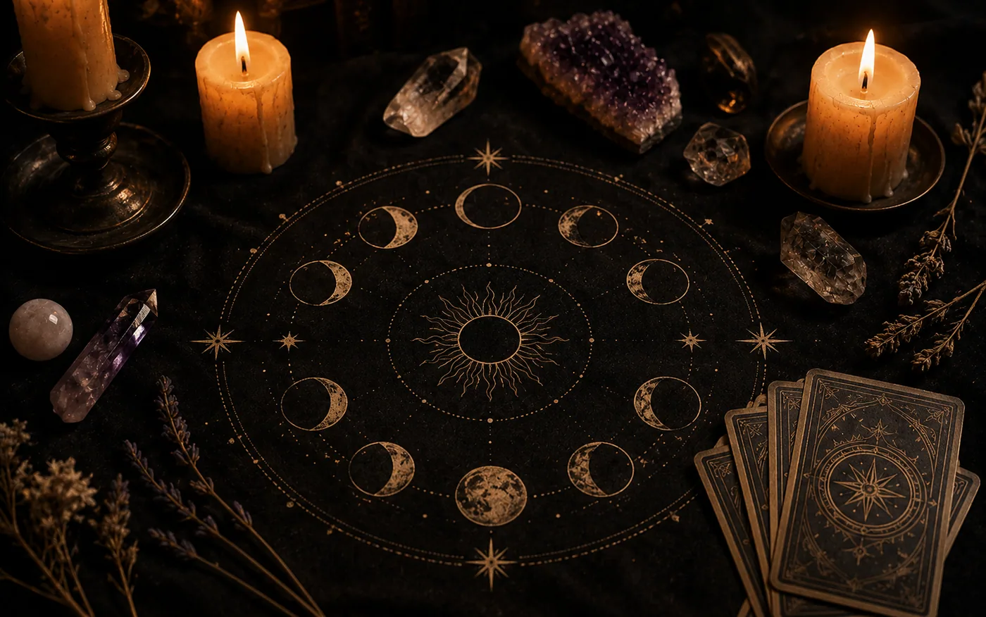 Roda com as fases da lua sobre tecido escuro, entre cristais, velas acesas e cartas de tarô