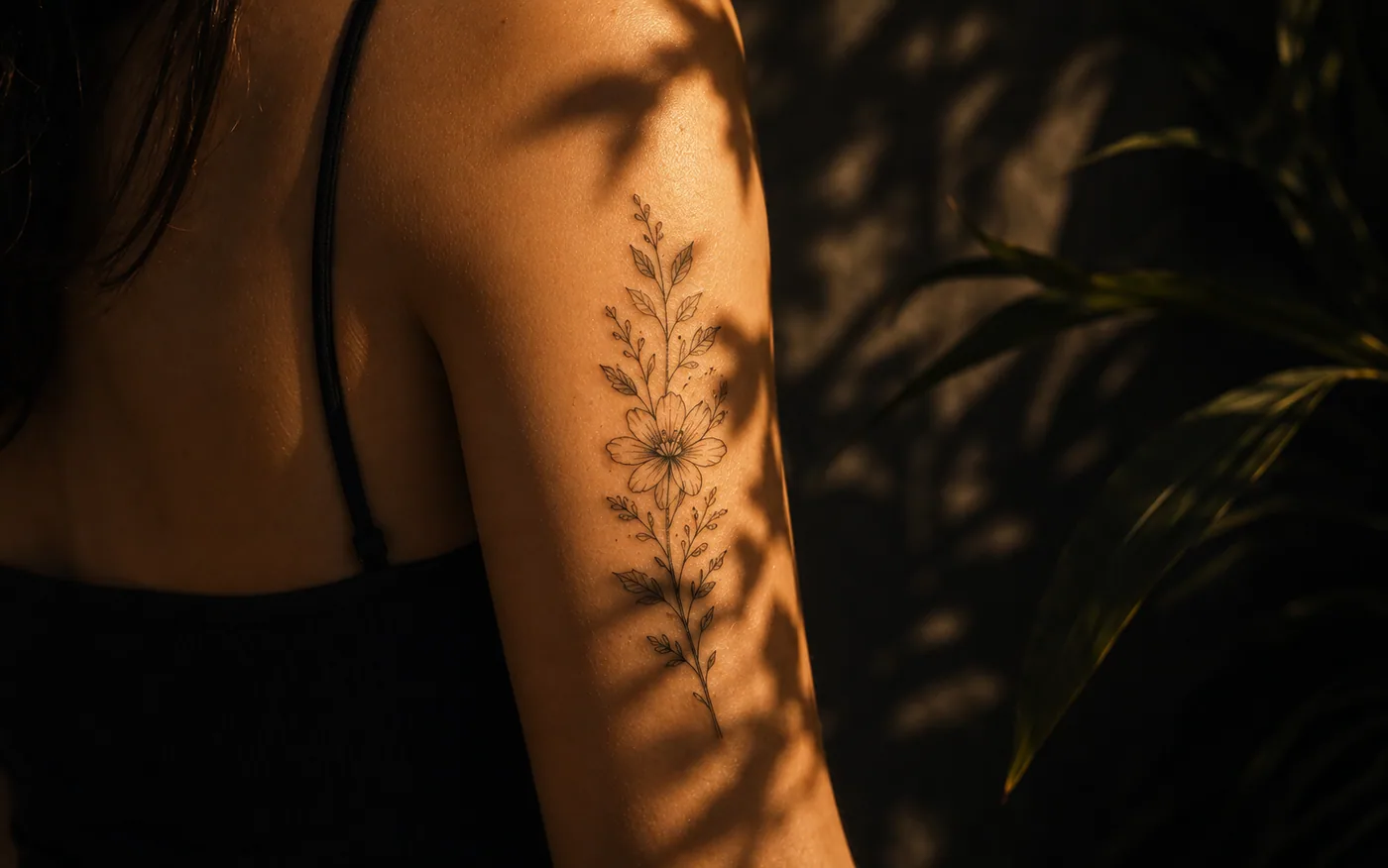 Ombro com tatuagem botânica em traço fino sob luz de fim de tarde, com sombra de folhagem sobre a pele